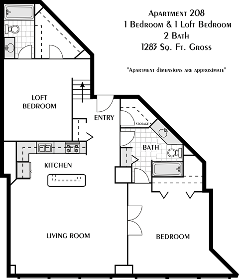 Floor plan for 2 beds, 2 baths, 1283 sqft